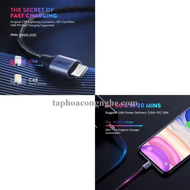 Ugreen 60757 0.5m cáp usb type c ra apple lightning bọc nhôm chống nhiễu màu đen US304 30060757